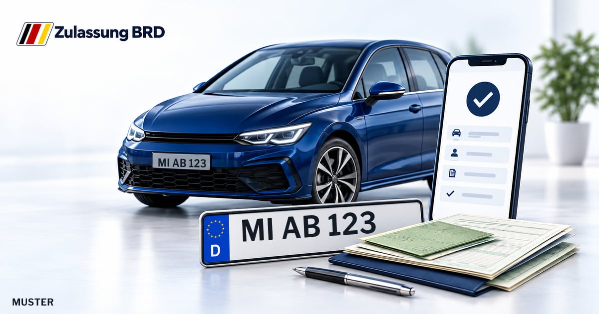 Online Fahrzeugzulassung in Porta Westfalica: Musterkennzeichen MI AB 123, Auto und Fahrzeugpapiere und Smartphone. Illustration mit Logo von Zulassung BRD.